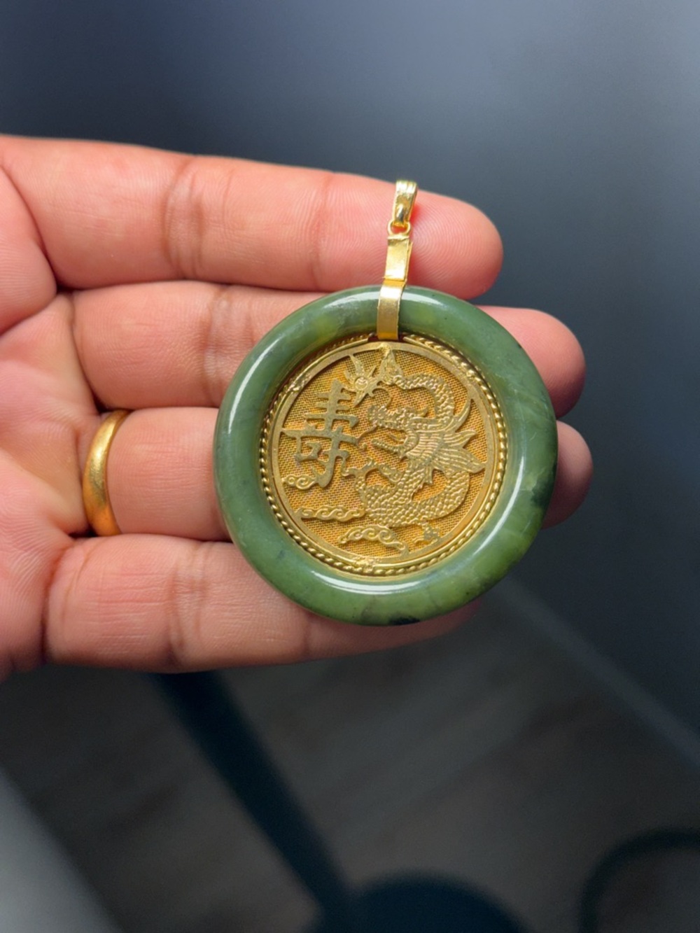 Pre-Owned Green Jade Pendant, 925 Silver Gold Plated Dragon & Longevity Symbol